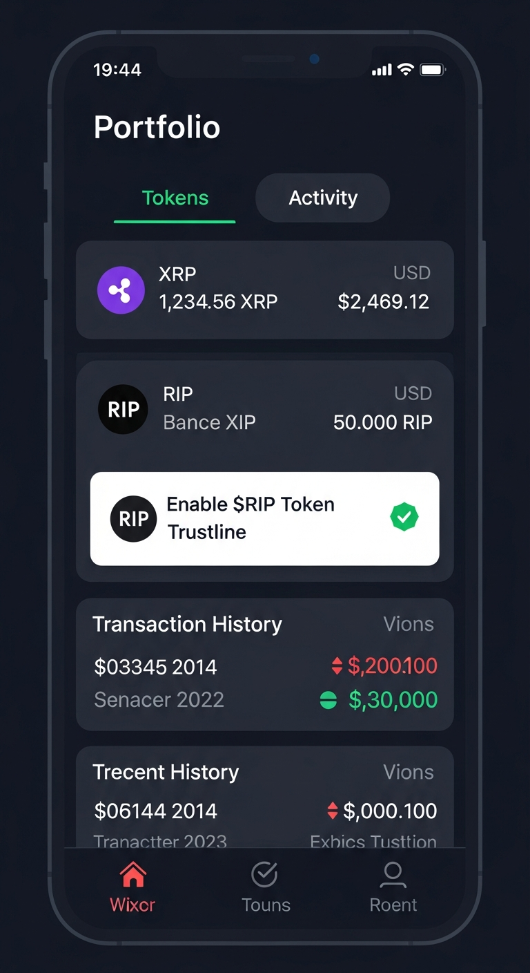 Portfolio screen with tokens and transaction history