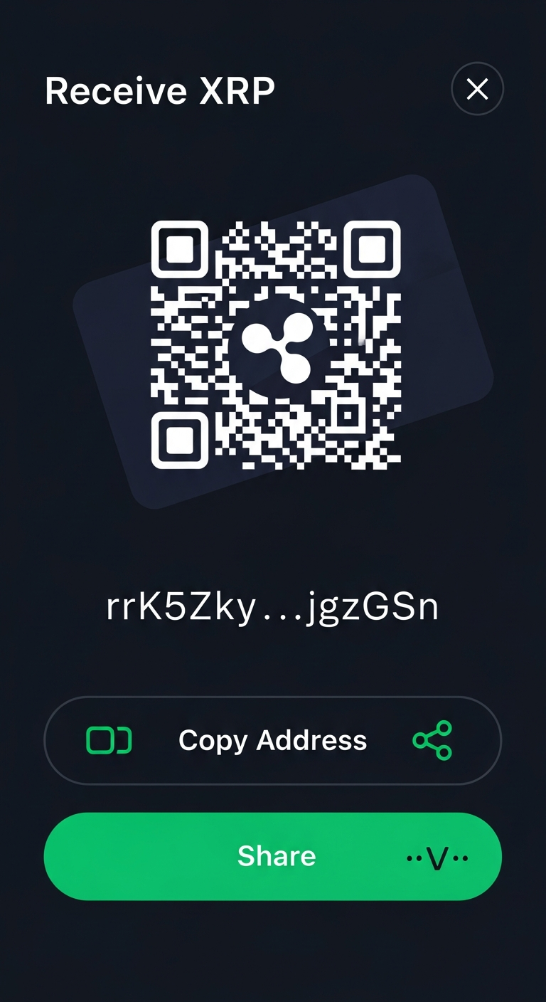 Receive screen with QR code and wallet address