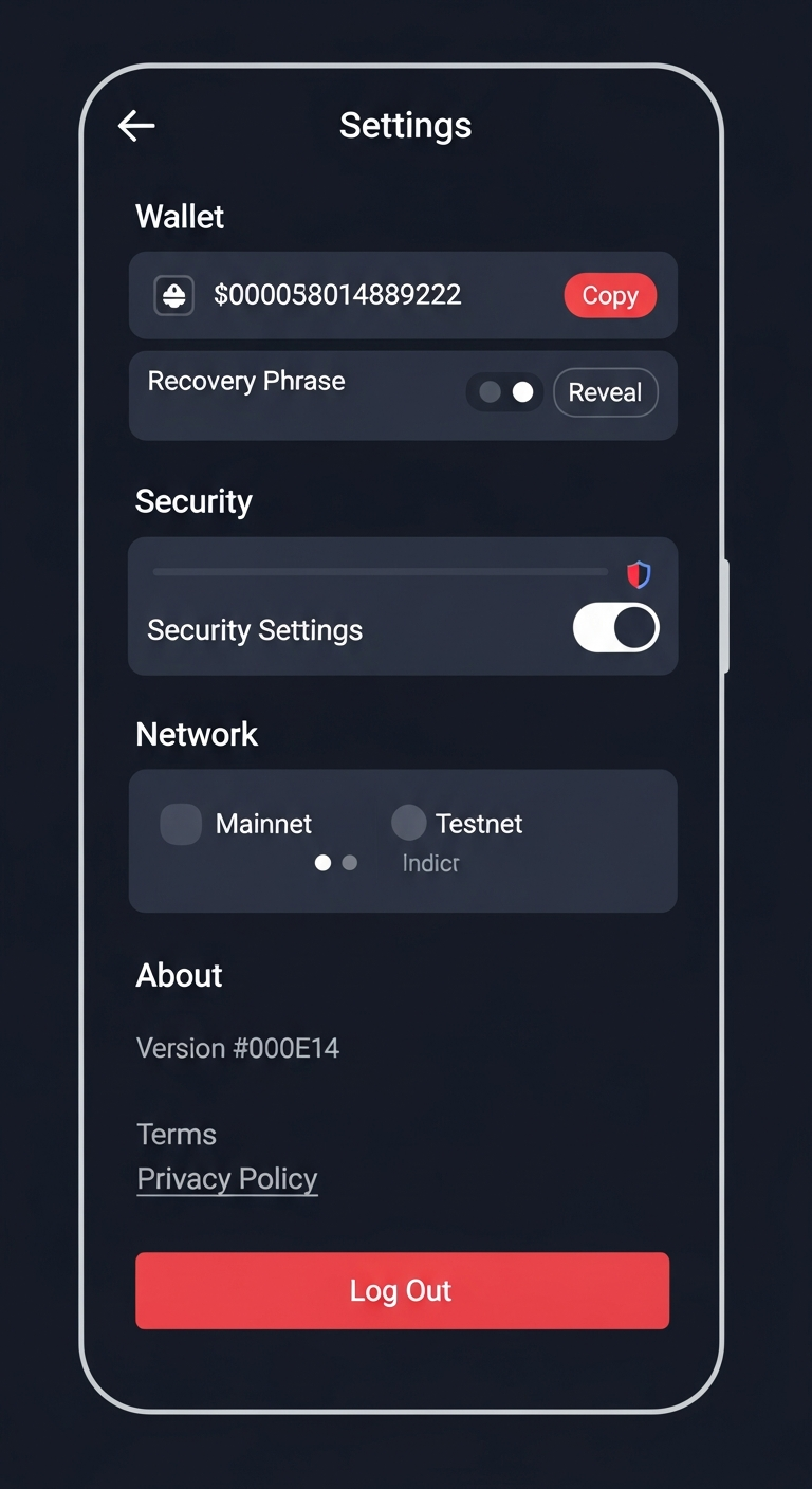 Settings screen with wallet, security, network sections