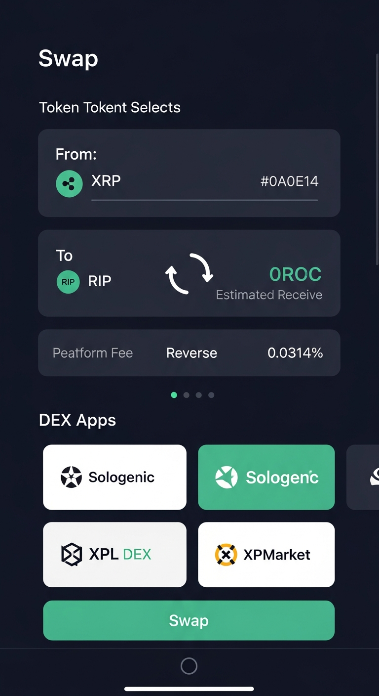 Swap screen with token selection and DEX apps